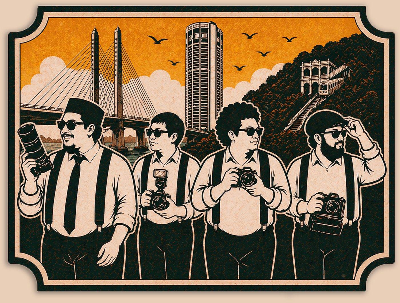 Illustrated poster of the Four Fat Bros Penang photographer team holding cameras, with Penang Bridge, KOMTAR tower and the Penang Hill funicular in the background