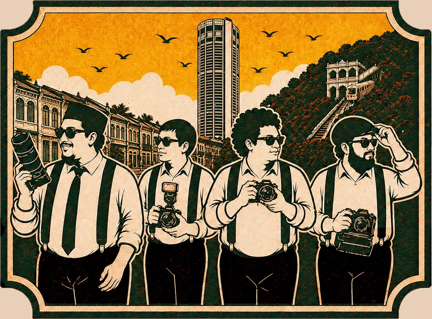 Illustrated vintage postcard of the Four Fat Bros team with their cameras in front of Penang Bridge, KOMTAR tower and the Penang Hill funicular